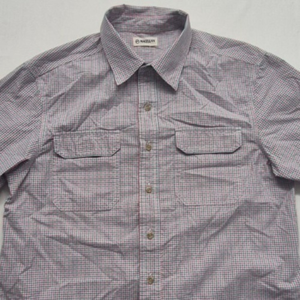 Magellan men's outdoor pink/teal checkered shirt Medium short‎ sleeve fishing SS